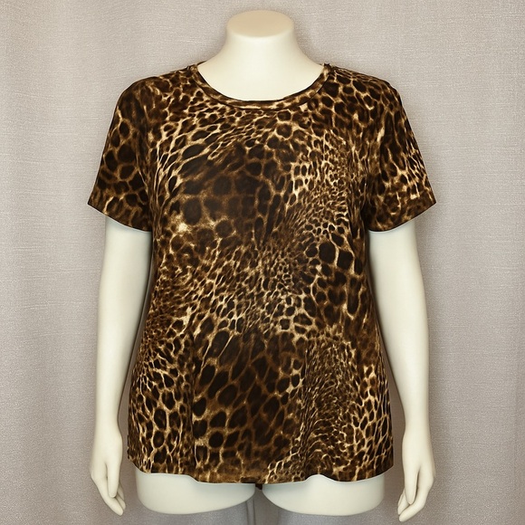 Gemstone Tops - Gemstone Leopard Print Short Sleeve Top Brown/Black Plus Size 1X